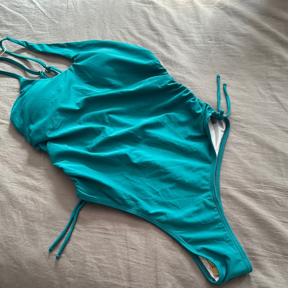 Eomenie Teal One-Shoulder Ruched One Piece Swimsuit – Size M #577